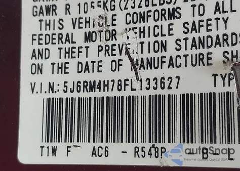 2015 Honda Cr-V Ex-L z USA, uszkodzony, nr VIN 5J6RM4H78FL133627